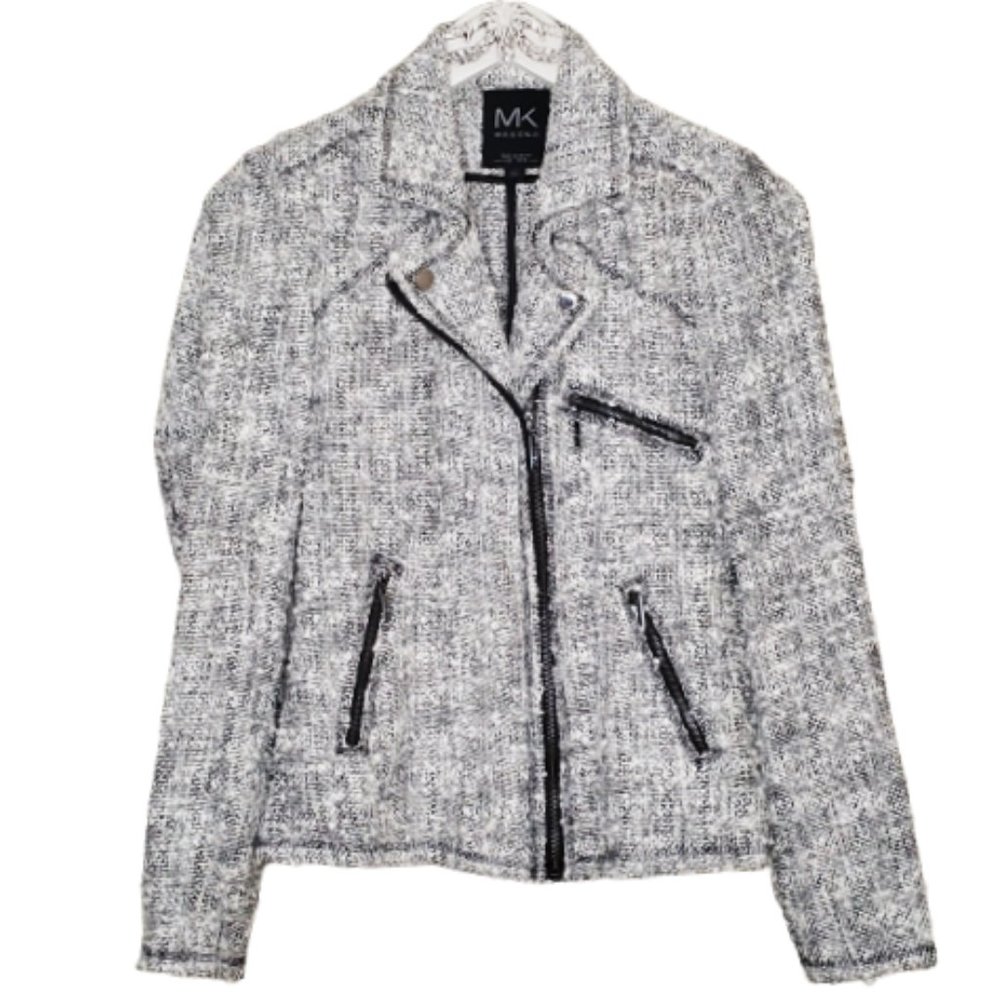Makenji Womens Size 12 Black and White Medium Tweed Moto Long Sleeve Jacket